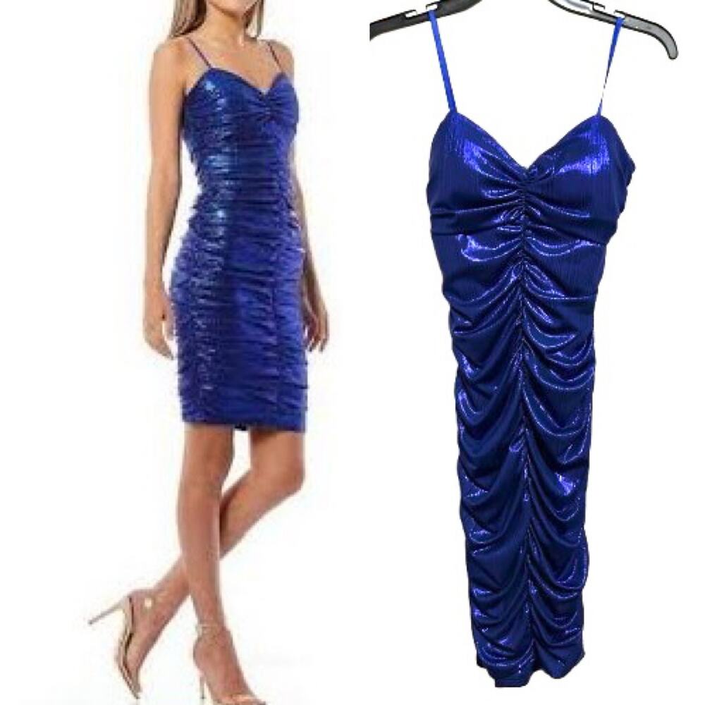 NWT City Vibe Juniors Sleeveless Ruched Cobalt Blue Metallic Slip Dress. Size 3